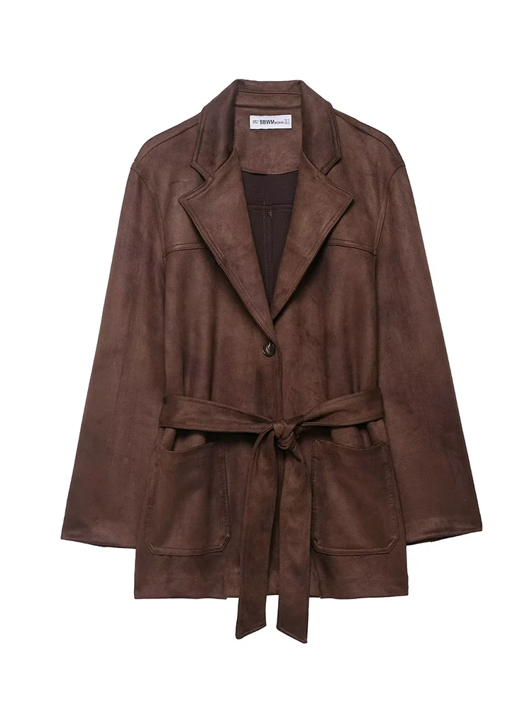 Woman's Suede Jacket With Belt 2025 Autumn Maillard Color Single Breasted Bowknot Belt Mid-length Coat Femme Elegant Warm Coat