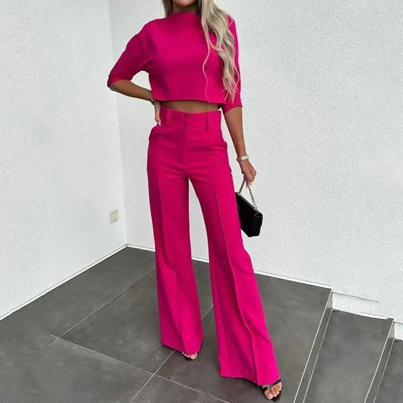 Women Casual Long Sleeve Cropped Top and Blazer Pant Suit