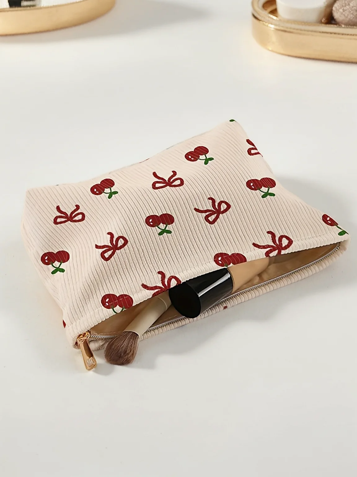 1pc，Pink bow patterned corduroy zipper makeup bag, lightweight and multifunctional makeup storage bag 4