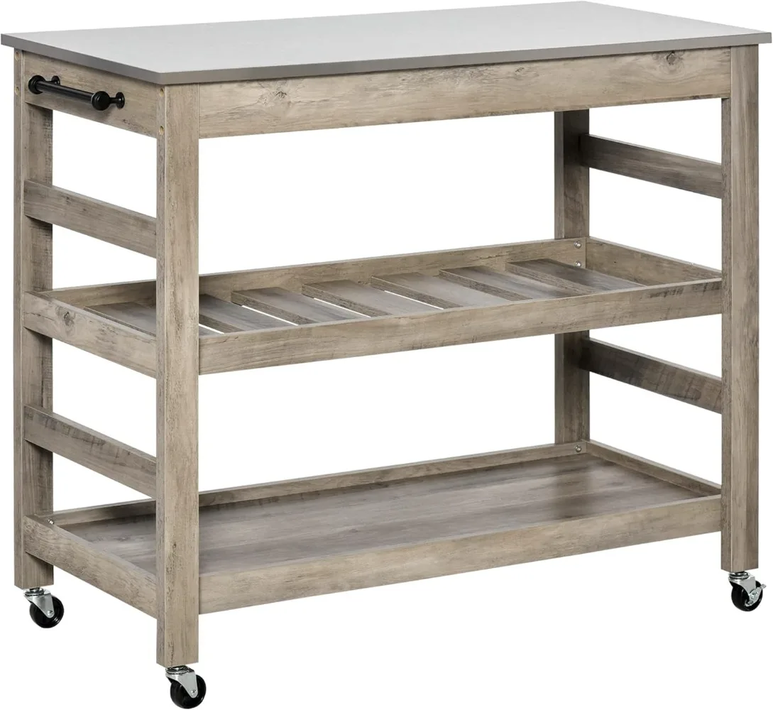 Rolling Kitchen Cart with Stainless Steel Countertop 1 Bottom Shelf 1 Slotted Middle Shelf and 4 Castor Wheels Grey