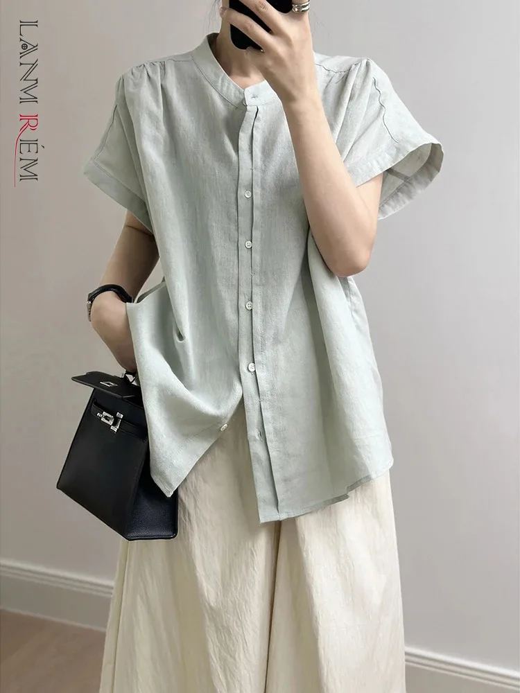 

[LANMREM] Office Lady Short Sleeve Linen Shirt Women's Lapel Single Breasted Minimalism Female Blouse 2024 Summer New 26D9749