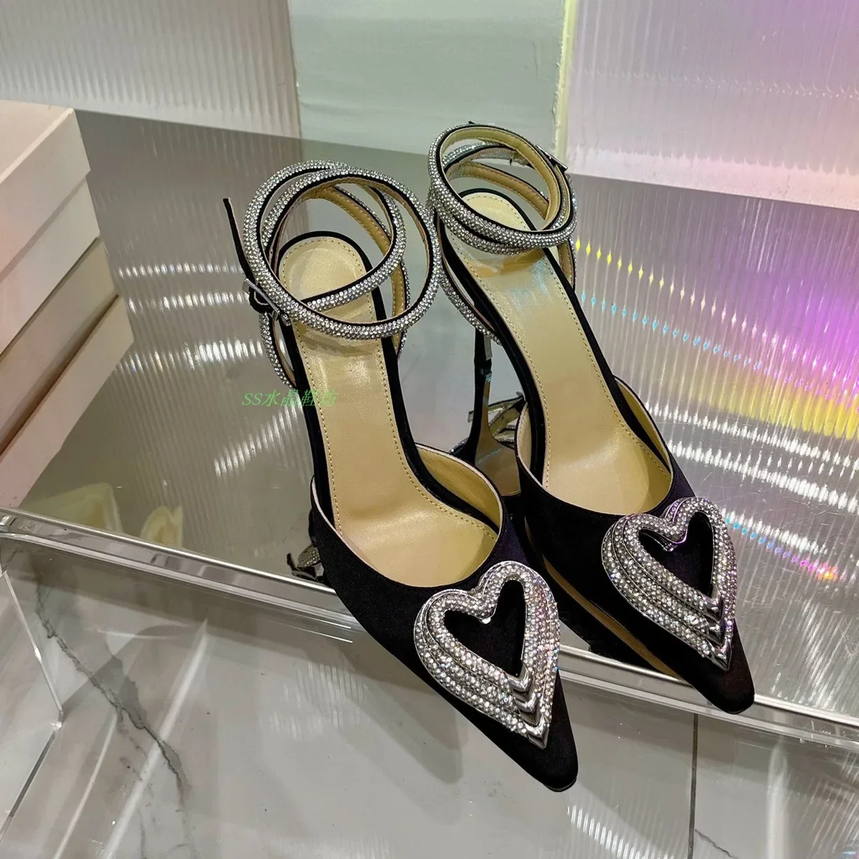 

Love Rhinestone Mach crystal-embellished triple heart Silk diamond Sandals glistening ankle straps pointed-toe stiletto heels