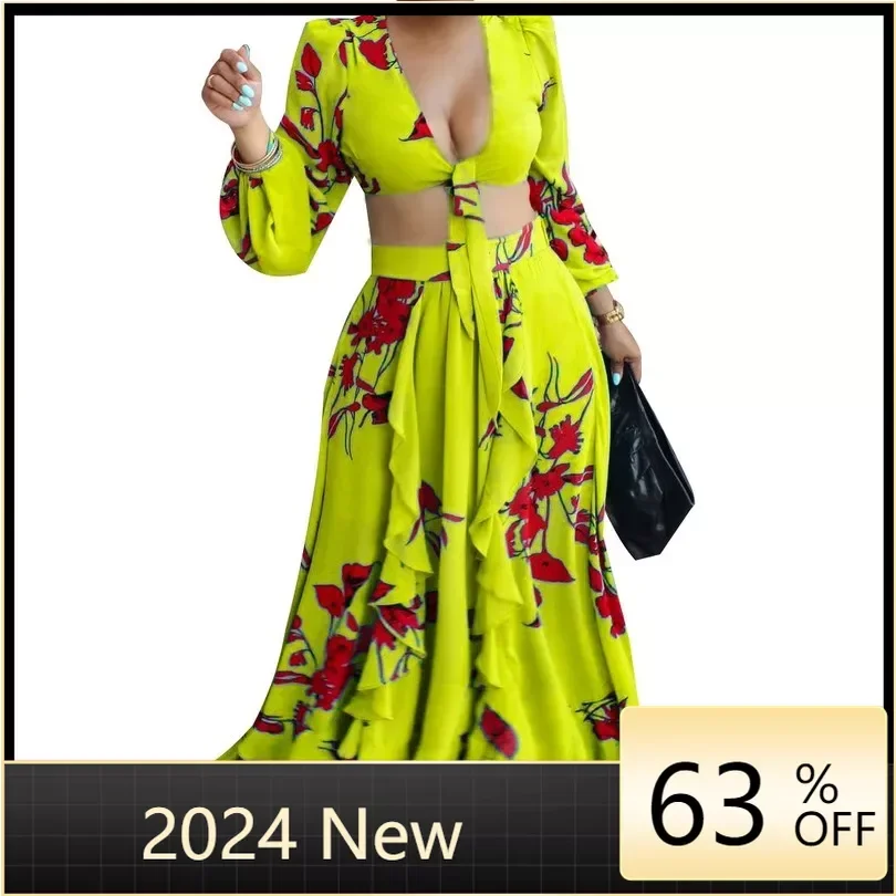 

Summer 2024 Fashion African Women Long Sleeve V-neck Polyester Printing Yellow Orange Green Two Pieces Sets Top and Long Skirts