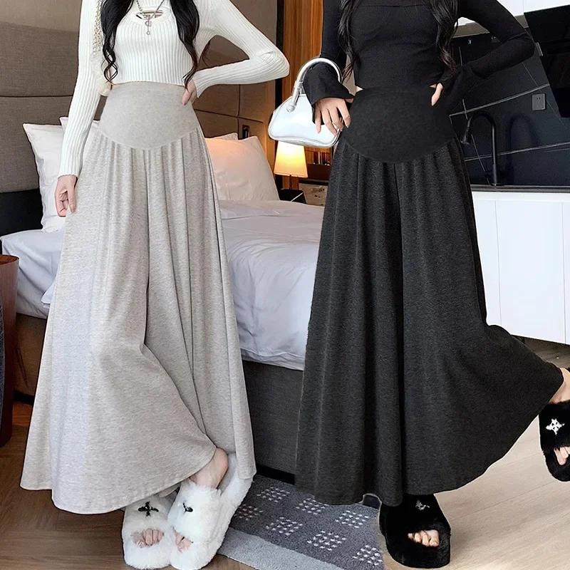 Maternity Skirt Pants High Waist A- Line Midi Skirt Fashionable Autumn Winter Wide Leg Pants Rice Noodle