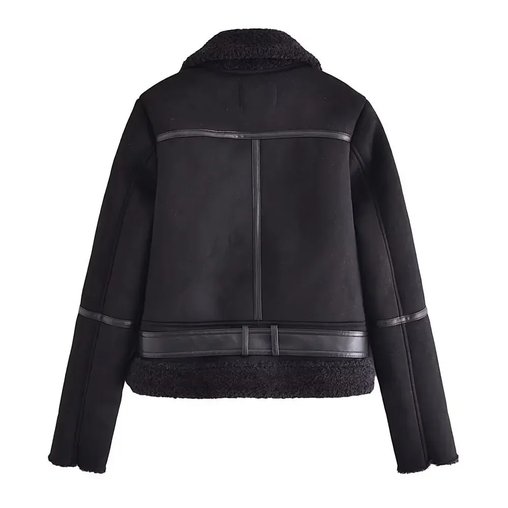 Women Faux Fur Jacket Lamb Wool Autumn Winter Imitation Coats Black European and American Splicing Zipper Artificial Lapel Tops