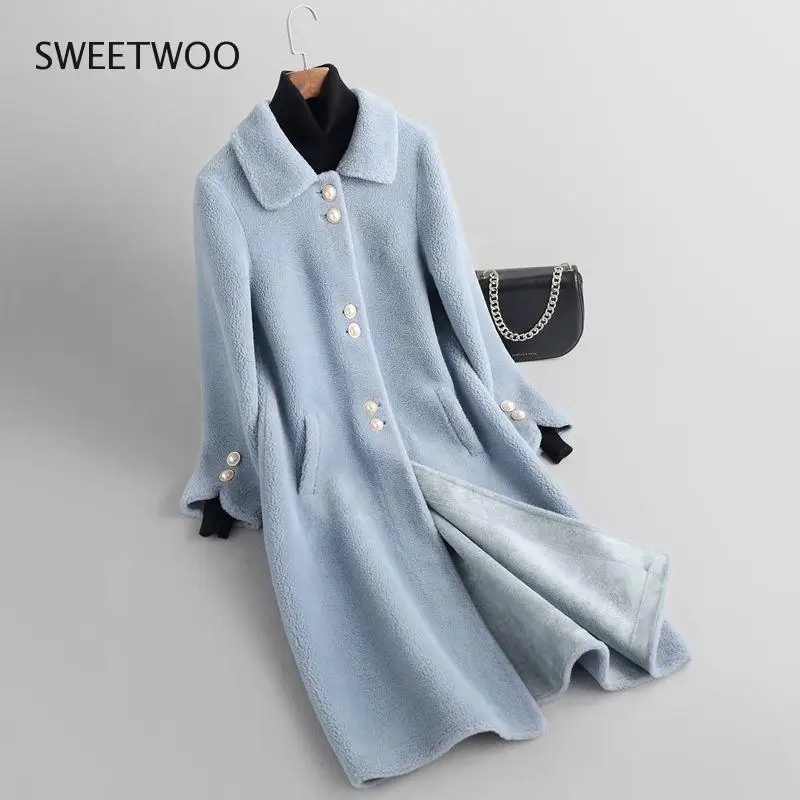 Women 2022 Winter New Fashion Mid-Long Sheep Shearing Coats Female Real Lamb Fur Outwears Ladies Solid Color Slim Jackets Tide