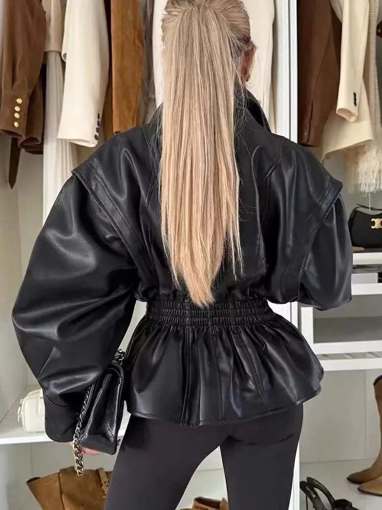 Women Vintage Leather Jacket 2025 Autumn New Fashion Long Sleeve Waist-Cinching Coat  Female High Street Long Sleeve New Jackets