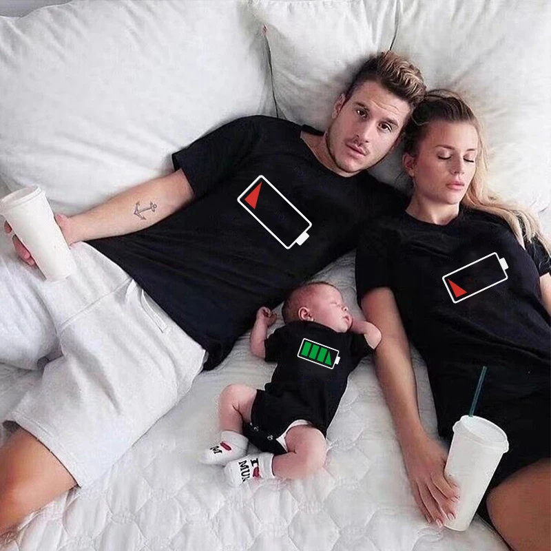 Funny Battery Print Family T Shirt Daddy Son Family Matching T-shirts Parent-child Family Clothes Kids Casual Tops Tee 3
