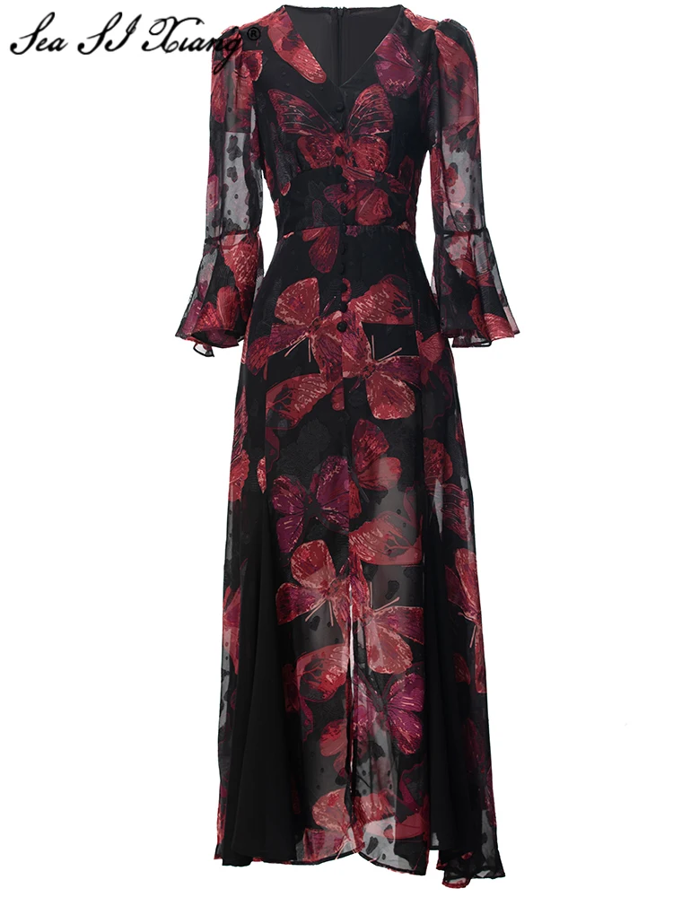 

Seasixiang Fashion Designer Summer Long Dress Women's V-Neck Flare Sleeve Button Floral Print Vintage Party Dresses