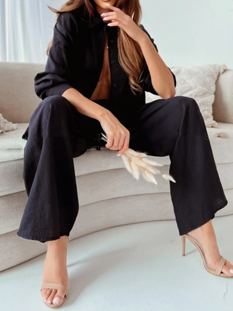 Wmstar Two Piece Set Women Wholesale New Spring 2025 Featuring Fashionable Elegant Solid Color Lapel Shirt High Waisted Trousers