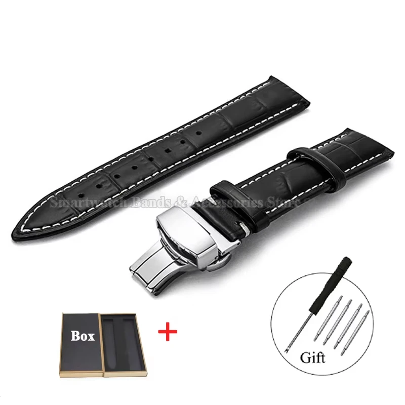 Luxurious Leather Watch Strap with Universal Metal Butterfly Clasp - Multiple Size Options Available