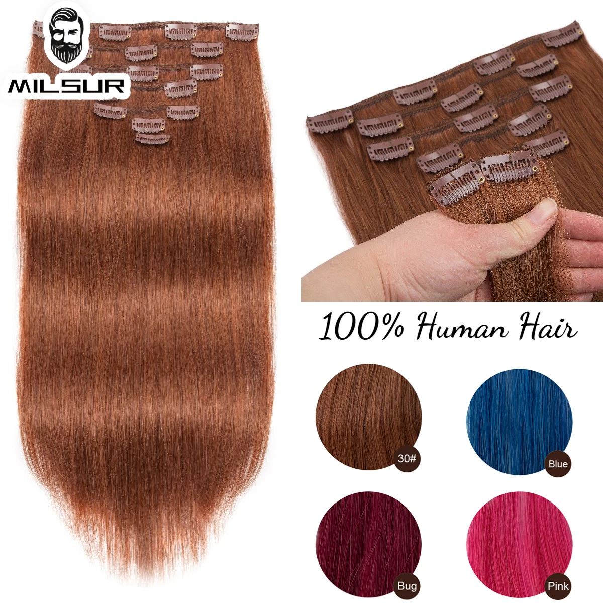 Grey/Pink 7Pcs Clip in Human Hair Extensions 100% Human Hair Clip in Natural Extensions Straight Hairpieces Remy #30,hair extensions