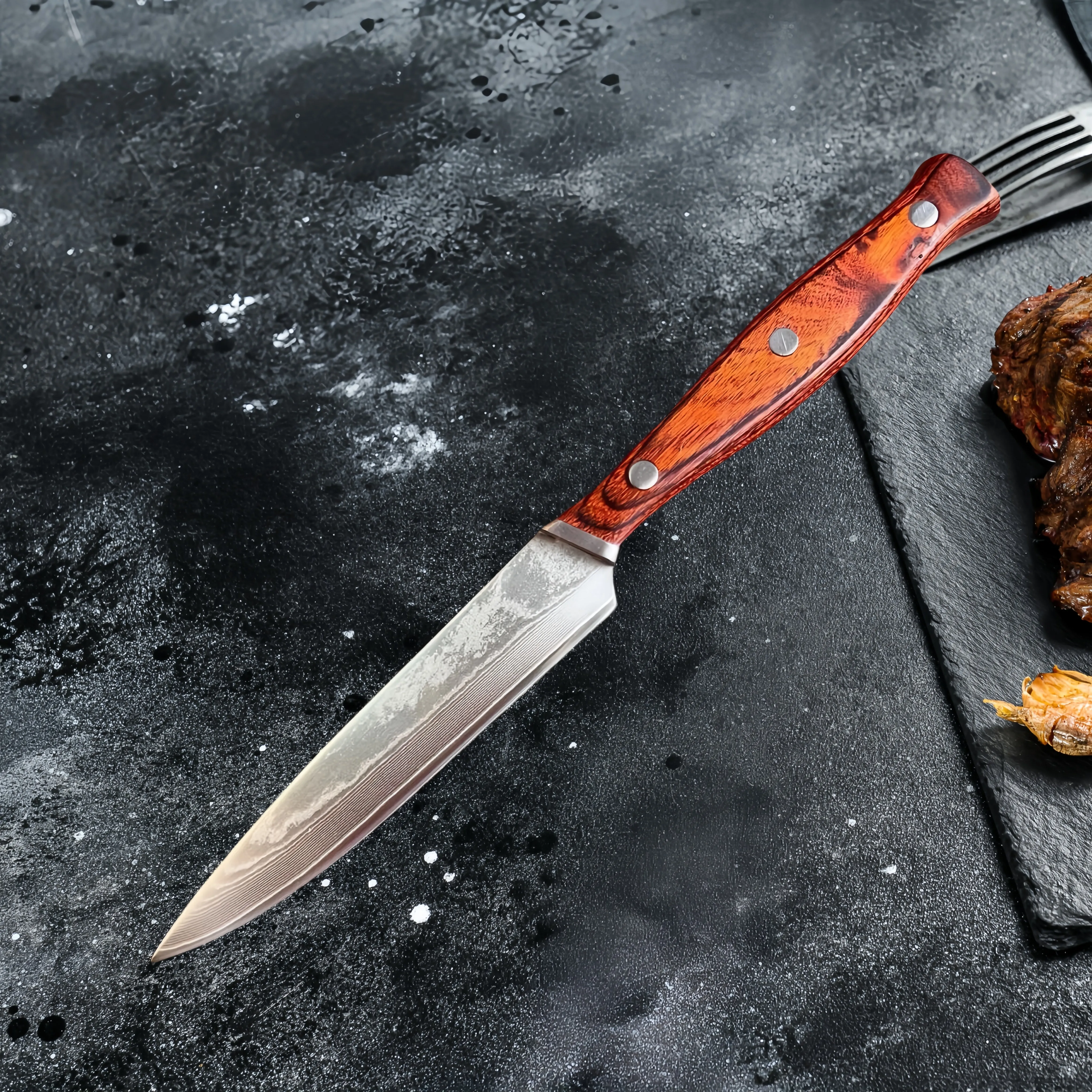Damascus Steel VG10 Steak Knife - Premium Wood Handle Chef Cutlery with Sheath