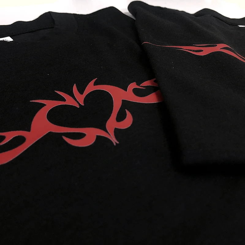 Y2K Love Wings Geometric Red Printed Open Navel Short Sleeve Top European and American Street Punk Style Dark