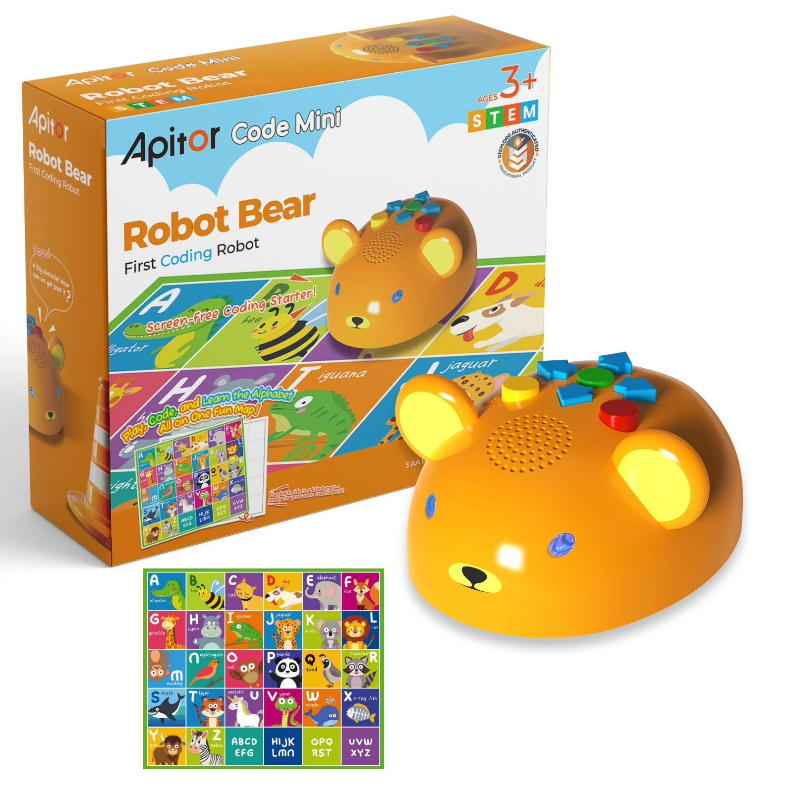 Apitor First Coding Robot Bear, Giocattolo STEM senza schermo con luci LED e suoni, Kit di apprendimento genitore-figlio, Regalo di compleanno per bambini dai 3 anni in su