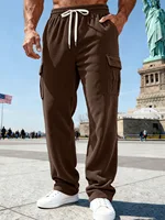 Pantalon de travail homme en velours côtelé, coupe large, multi-poches, avec taille élastique et cordon de serrage pour un ajustement décontracté, style streetwear sport. 4