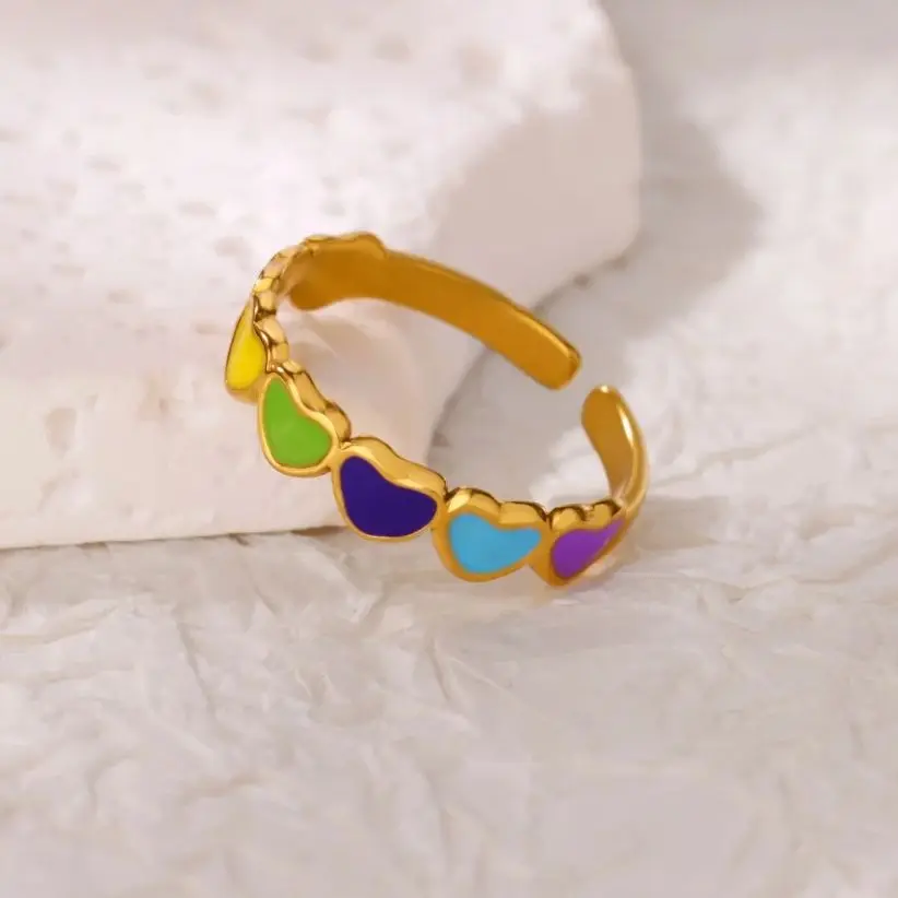 Rainbow Heart Rings Gold Stainless Steel Adjustable Wedding Jewelry
