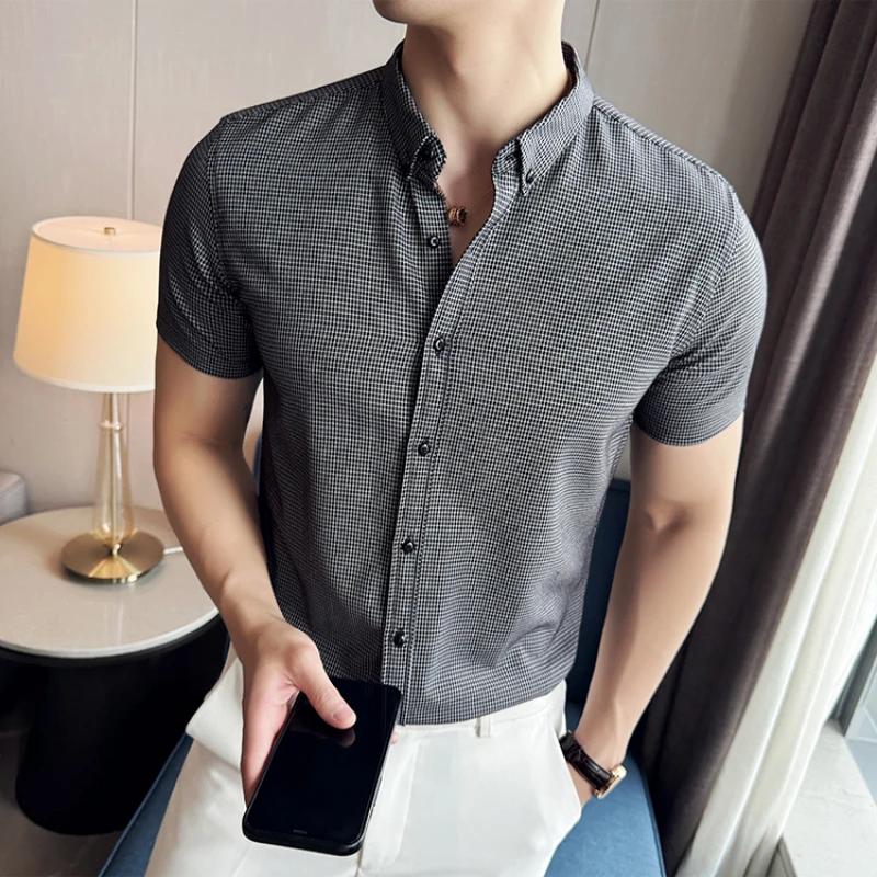 

Рубашка мужская клетчатая с коротким рукавом, Повседневная Деловая уличная одежда, топ, одежда для офиса, на лето