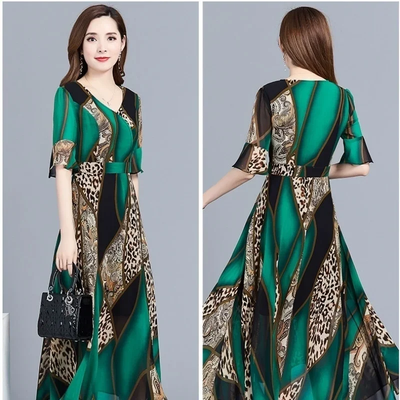 

New Summer New Print Dress V-neck Fashion Casual Loose Long Skirt Dresses for Women Long Sleeve Dress