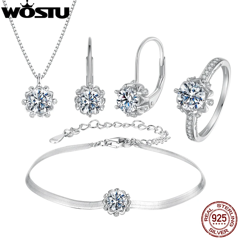 WOSTU Moissanite Wedding Jewelry 4 Set For Women 925 Sterling Silver Romantic Flower Enegagement Necklace Bracelet Earring Ring 1