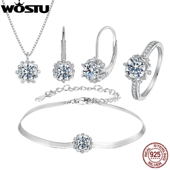 WOSTU Moissanite Wedding Jewelry 4 Set For Women 925 Sterling Silver Romantic Flower Enegagement Necklace Bracelet Earring Ring 1