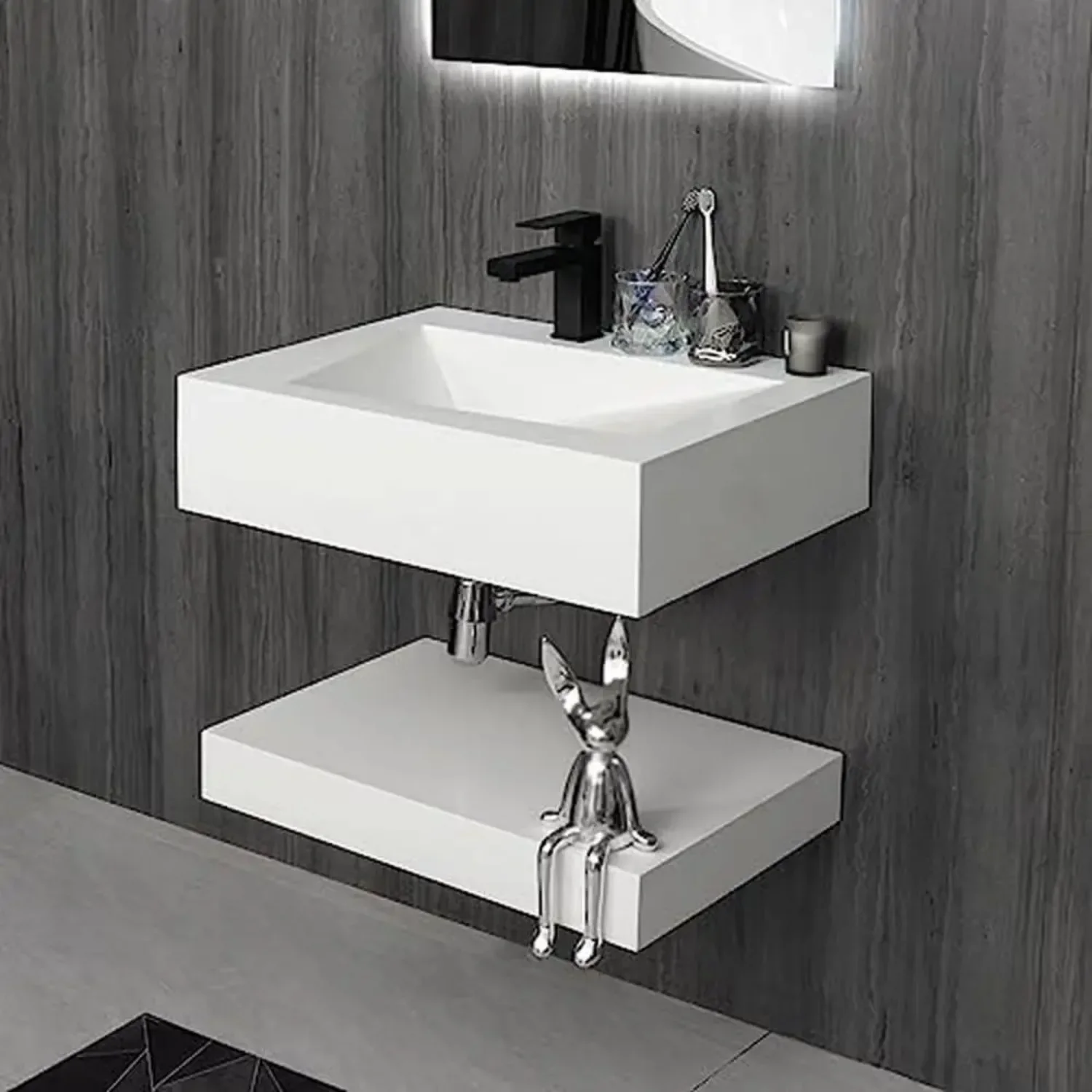 Modern Wall-Mount Rectangular Bathroom Sink Floating Vanity Shelf Set Stone Resin Vessel Sinks White Trough Drainage Smooth