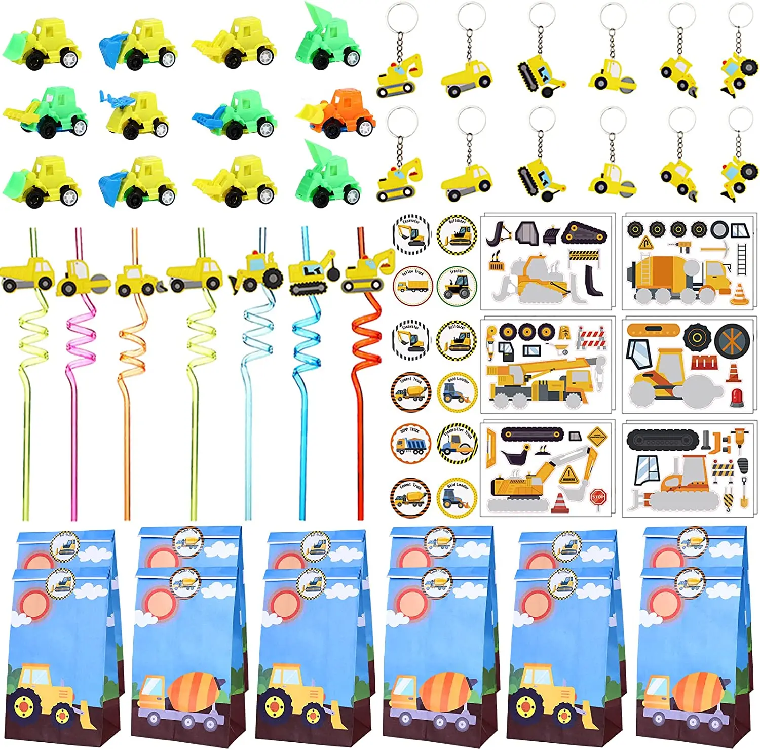 

Construction Party Favor Set for Kids, Construction Gift Bags, Keychain Straws, Excavator Toy for Baby Shower, Birthday Party Su