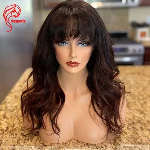 Hesperis Ombre Human Hair Wig With Bangs Brazilian Remy Wear And Go Reddish Brown  Wavy Scalp Top Full Machine Made Wigs
