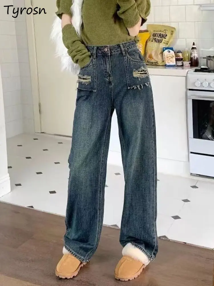 

Jeans Women Retro Ripped Design Personality Spring Daily Streetwear Ulzzang Ladies Empire Denim Trousers Casual Chic All-match