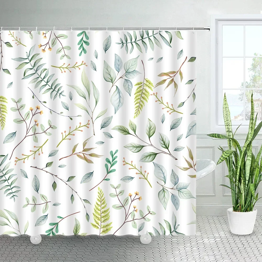 

Занавески для душа с изображением листьев растений, тканевые шторы для ванной с акварельными листьями и цветами в современном простом скандинавском стиле, с принтом, с крючками