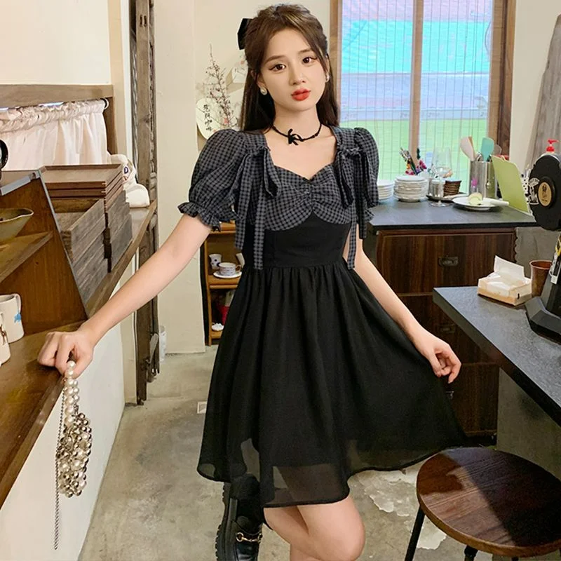 

New Patchwork Plaid Waistband Style Sweet Mid Length A-line Short Skirt Womens Korean Fashion Bubble Sleeve Dress Women Dresses