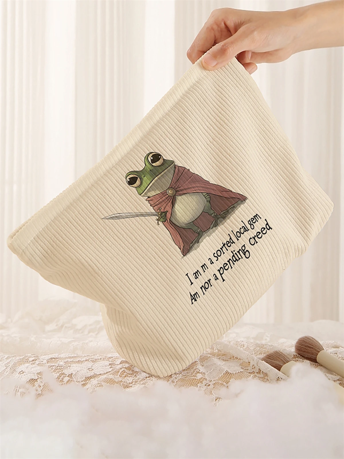 1 cartoon frog pattern printed corduroy makeup bag, lightweight zipper makeup storage box, multifunctional bag with lining