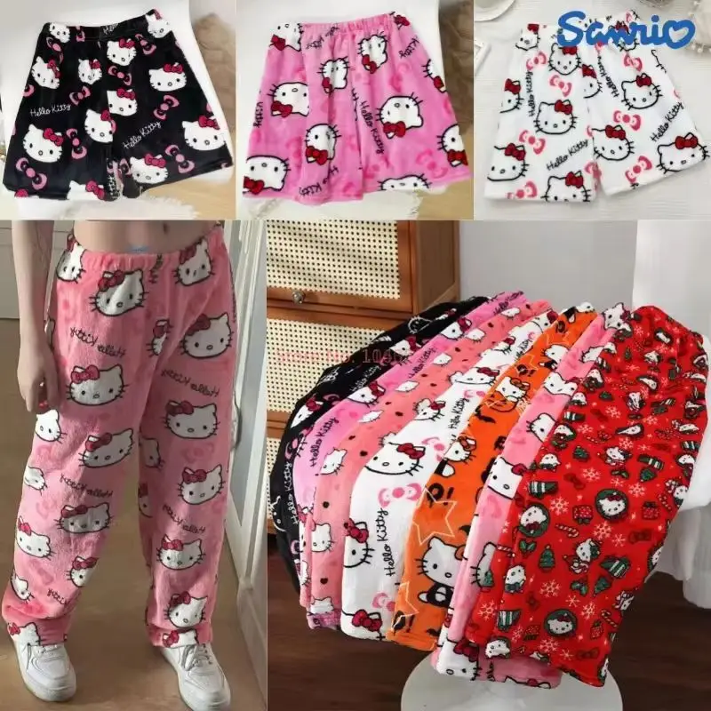 Hello Kitty Y2k Kawaii Anime Flannel Pajamas Women'S Warm Woolen Cartoon Casual Home Pants Autumnfashion Trousers Cartoo