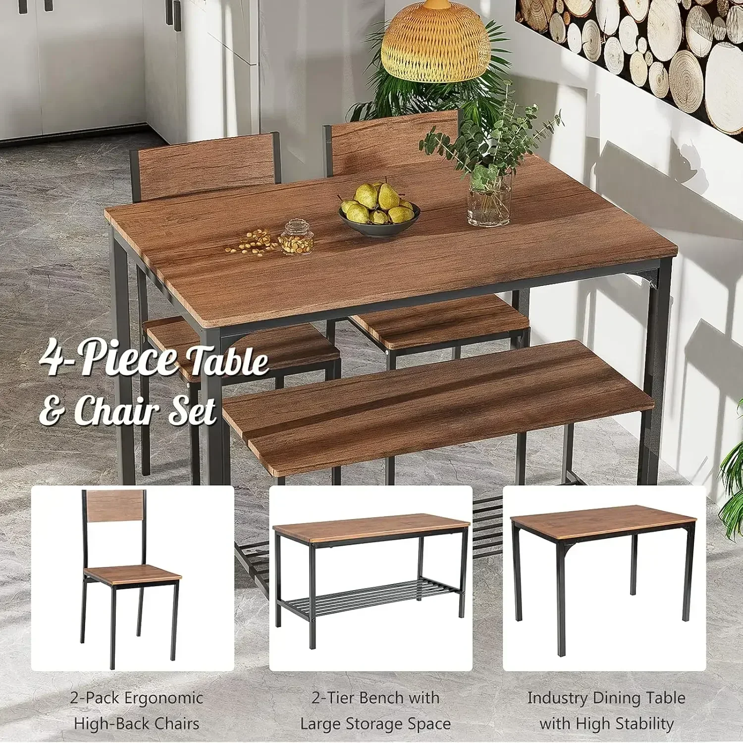 New2025-Dining Table Set for 4, Kitchen Table with Bench and Chairs, Industrial Gathering Bench Dining Set W/Metal Frame & Stora