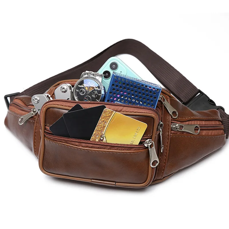Genuine Leather Men's Chain Waist Pack - Stylish Belt Bag with Phone Pouch