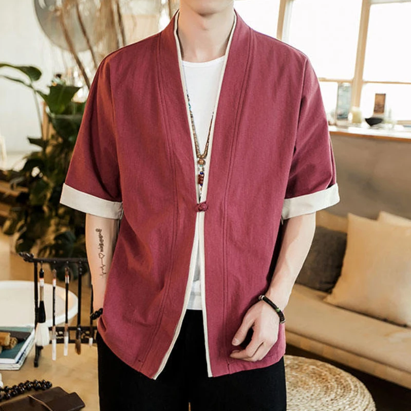 Men's Casual Blouse Cotton Linen Shirt Loose Tops Short Sleeve Chinese Clothing Handsome Men's Open Front Hanfu Coat Men Chinese Shirt