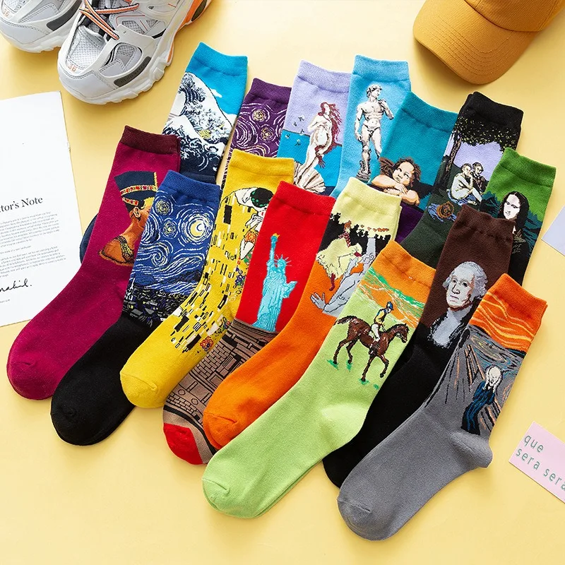 Autumn Winter Retro Women Art Van Gogh Mural World Famous Oil Painting Series Men Socks Funny Socks high quality funny socks colorful harajuku skateboard women s socks happy socks men and women oil painting van gogh socks