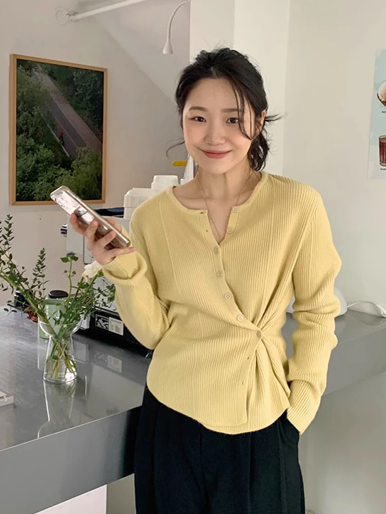 Chic Knitted Open Cardigan Women's Faion Design Low round Ne Two-Way Wear Thin Sle Small Size Sweater Top