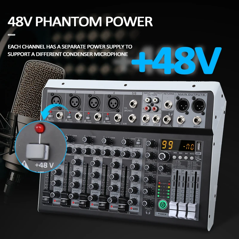 KP6 오디오 믹서 6채널 99개 DSP 이펙트 레코드 PC 48V 팬텀 파워 USB 사운드 믹서 블루투스 DJ 콘솔 믹싱 (노래방용)
