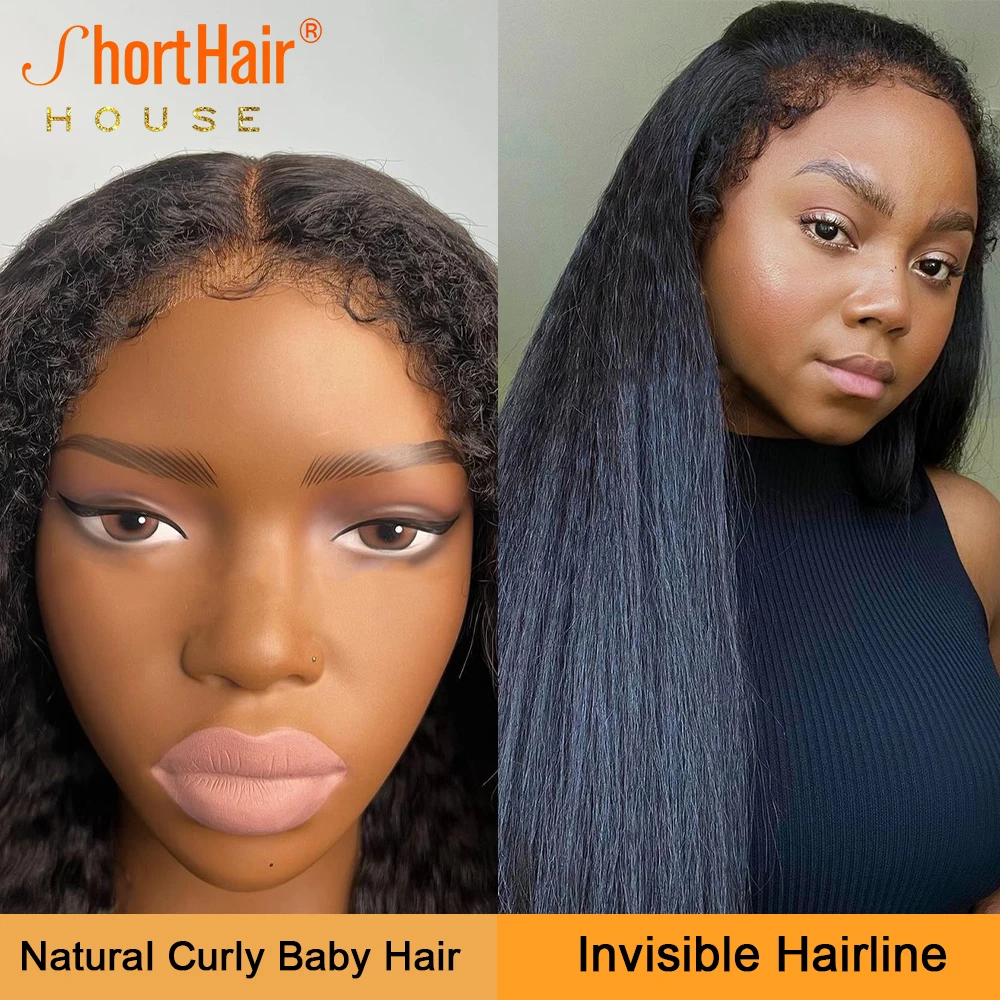 Short Cut Bob Wigs Kinky Straight Human Hair Wigs 13x4 Lace Frontal Yaki Straight Long Hair Layered Style Natural Black