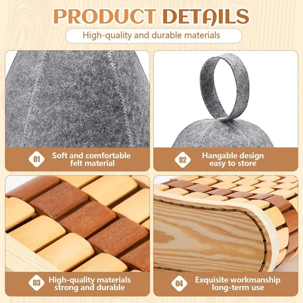 Bamboo Sauna Pillow Head and Neck Rest Set Gloves Hats Mat Kit Spa Supplies Kit Relaxation Comfort Kit Outdoor Indoor Use Kit 4