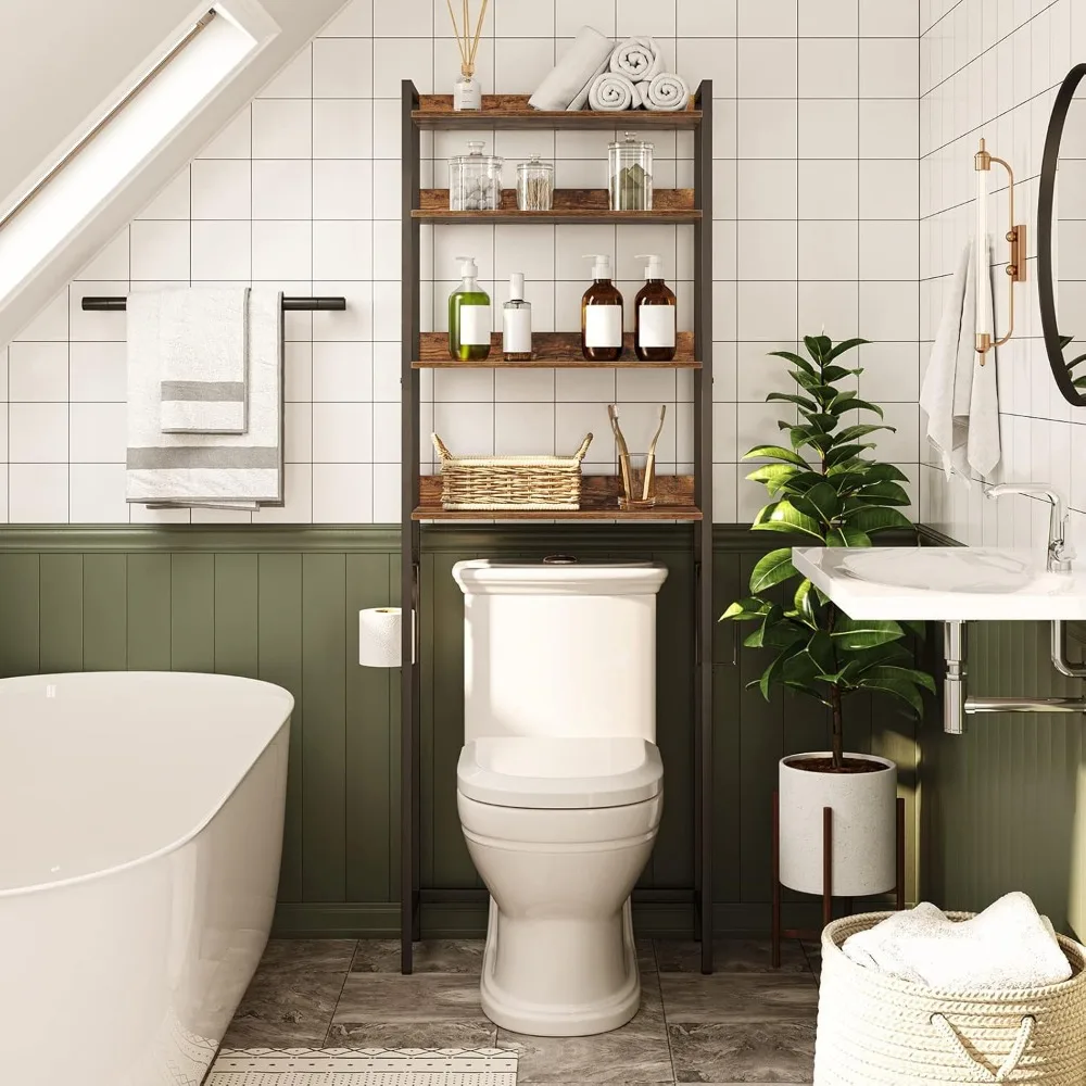 Over The Toilet Storage Rack, 4 Tier Bathroom Organizer Over Toilet, Freestanding Space Saver Toilet Stand with 2 Hooks, 3