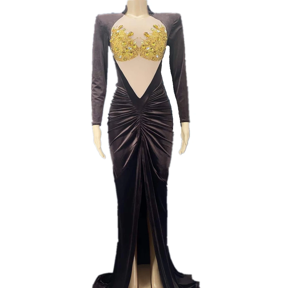 

Black Sparkly Rhinestone Women Long Mermaid Dress Elastic Fabric Evening Dress Vintage Brown Crystal Sexy Singer Stage Costume