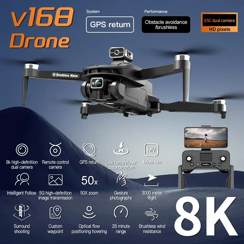 Drone Quadcopter V168Pro 5G GPS Professional 8K HD Aerial Photography Dual-Camera Omnidirectional Original Obstacle Avoidance