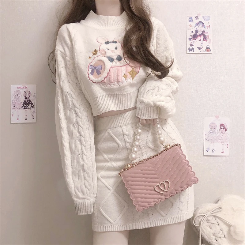 

Women Knitted Sweater 2 Pieces Sets White Kawaii Tops Mini Skirt Warm Sweet Girls Casual New Korean Fashion Office Lady Outfits