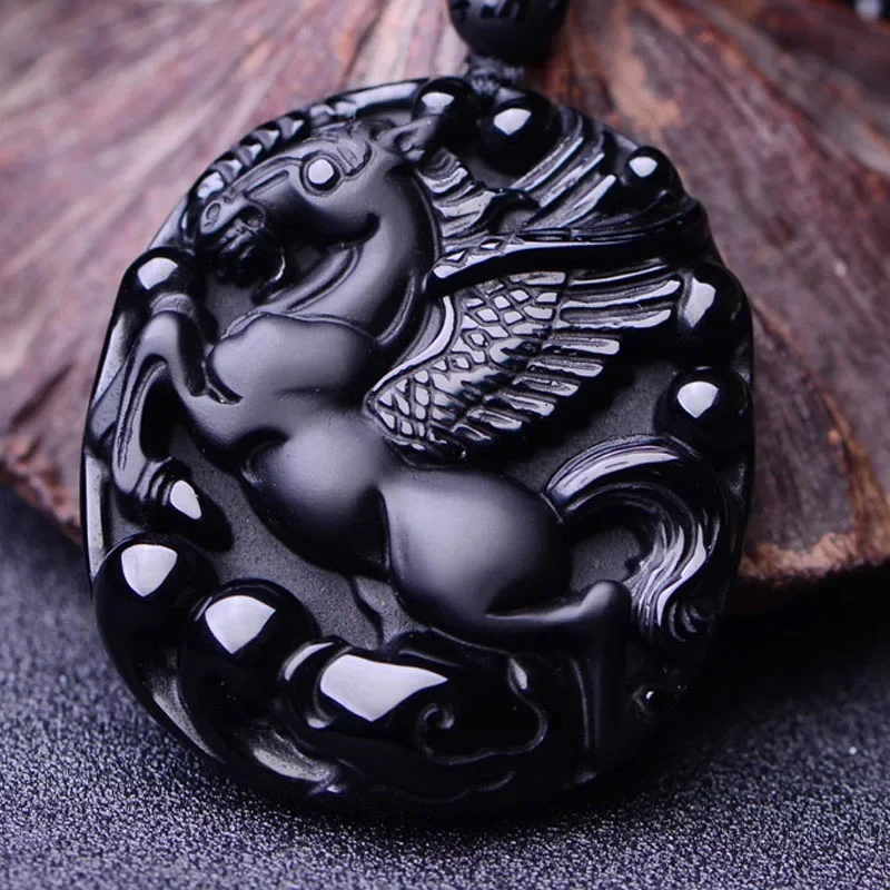 

Natural Obsidian Pegasus jade Pendant Necklace Man Exquisito Jewellery Fashion Accessories Hand-Carved Luck Amulet Gifts