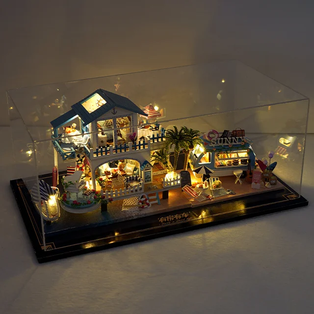 Mini Size Casa DIY Wooden Doll House Kit Miniature with Furniture Blue Ocean Cottage Dollhouse Toys for Friends Girls Xmas Gifts 5