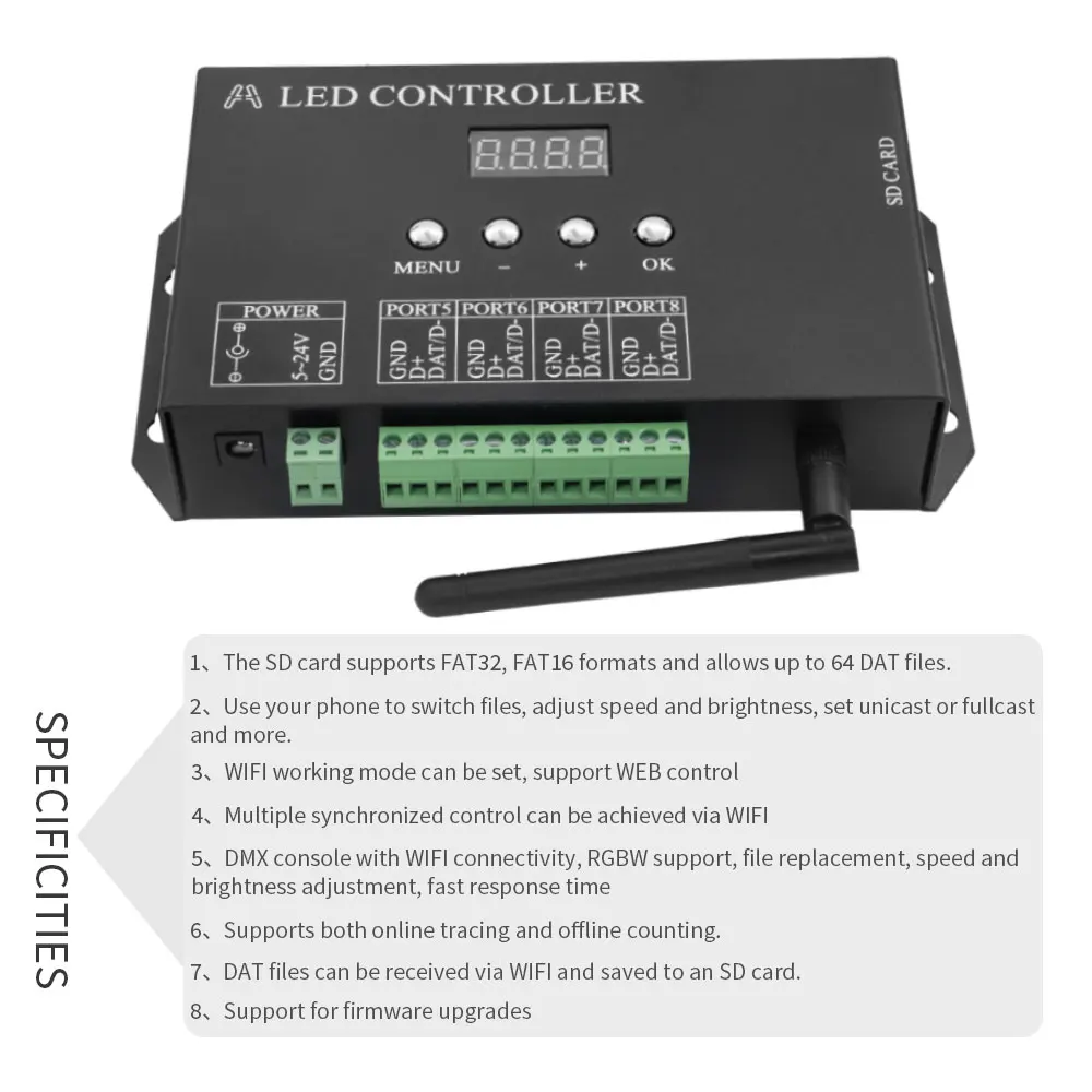 LED 픽셀 컨트롤러 Artnet To SPI, Madrix 소프트웨어 LAN 동기화 SD 카드, DMX512 콘솔 지원, H807SA, 8 포트, H807SBWiFI, 4 포트
