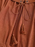 European and American fashion plus-size women's dress with patchwork, tie, hemp rope, tassel pockets, ruffled hem and ribbed - Image 6