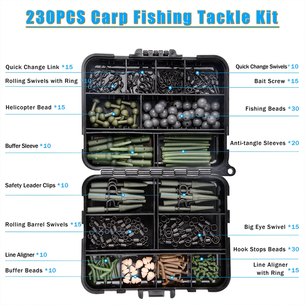 230Pcs/Box Carp Fishing Tackle Carp Fishing Rigs Carp Swivel Snaps Helicopter Rigs Leader Clips Rubber Sleeves Accessories